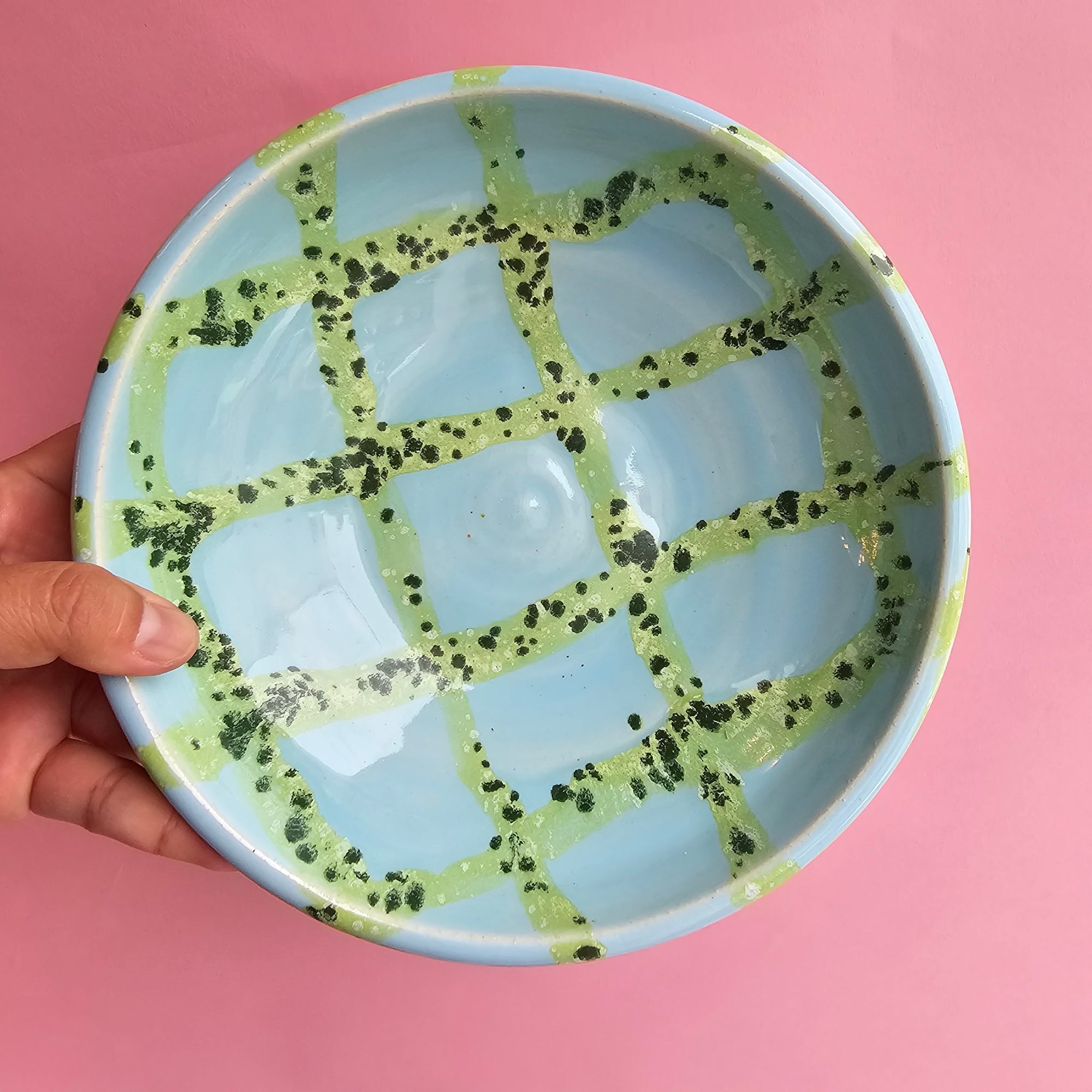 PLAID SKY BLUE & SLIME PLATE BOWL