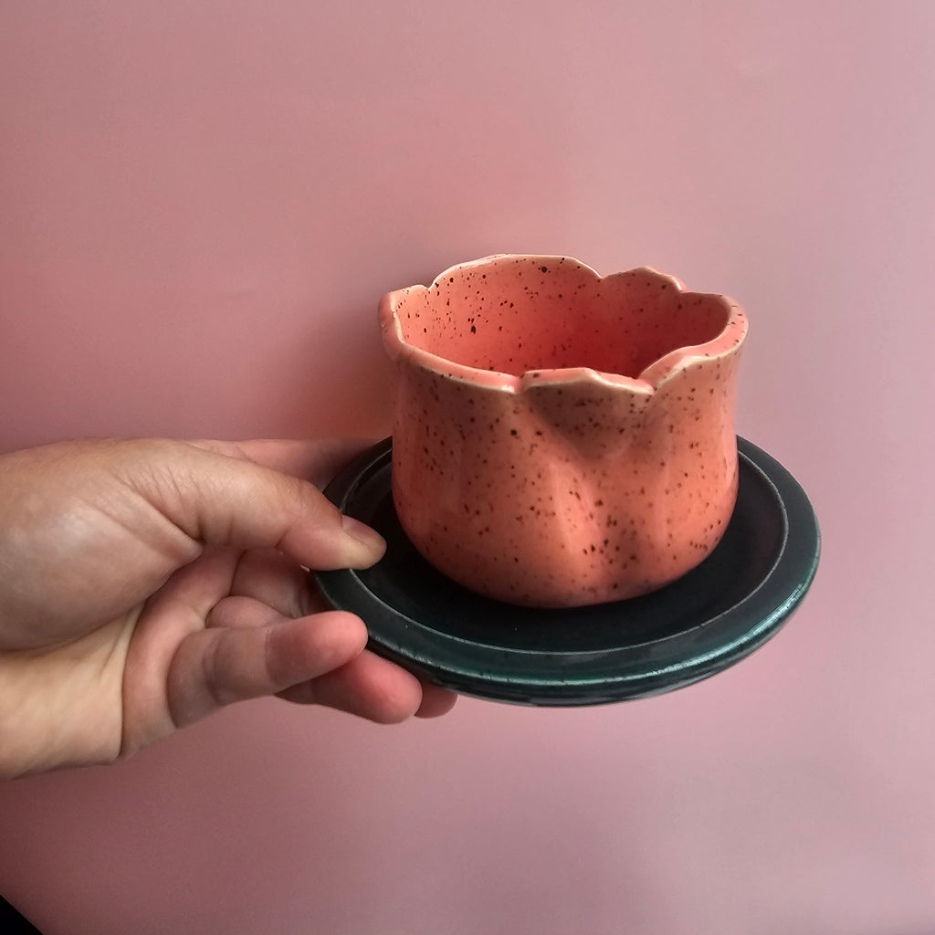 SPECKLED FLAMINGO BLOOM CUP AND SAUCER SET