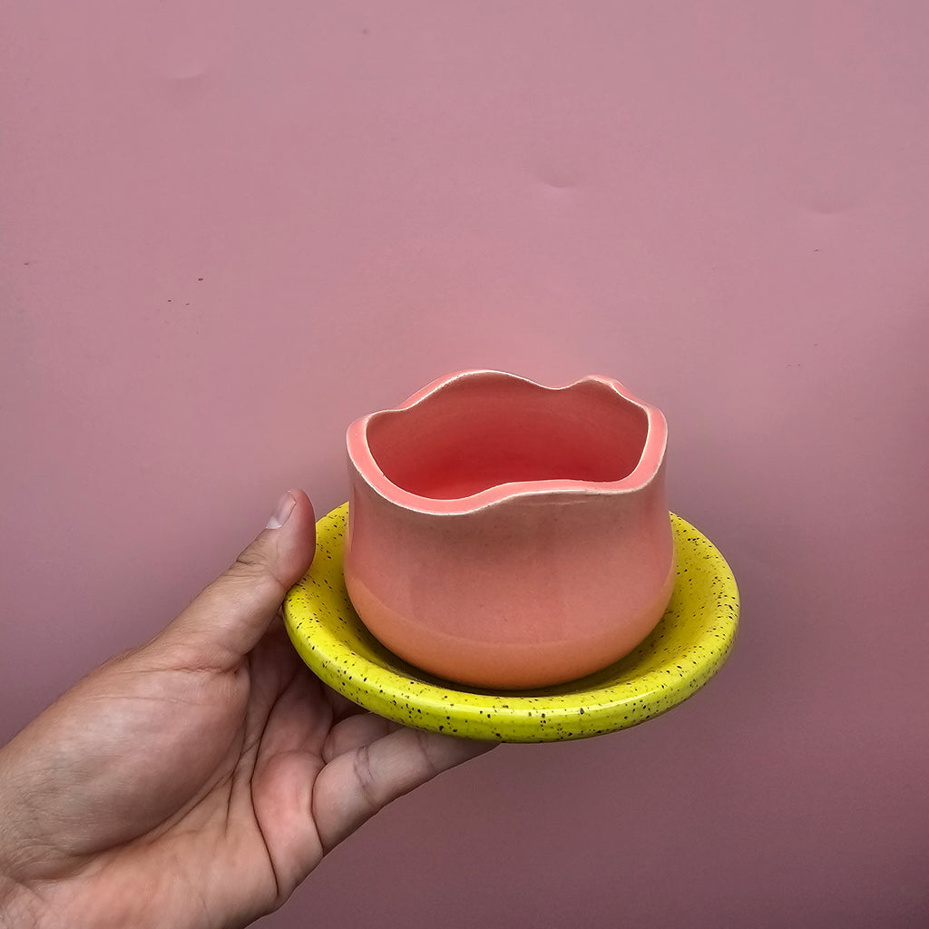 BLOOM CUP AND SAUCER FLAMINGO AND CHARTREUSE
