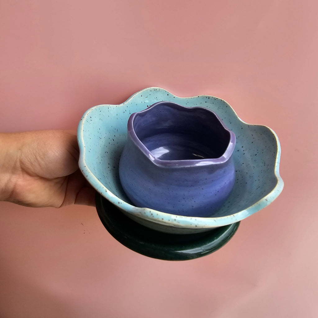 BLUE GLASS TULIP TRIO 3PCS SET CUP, BOWL, PLATE